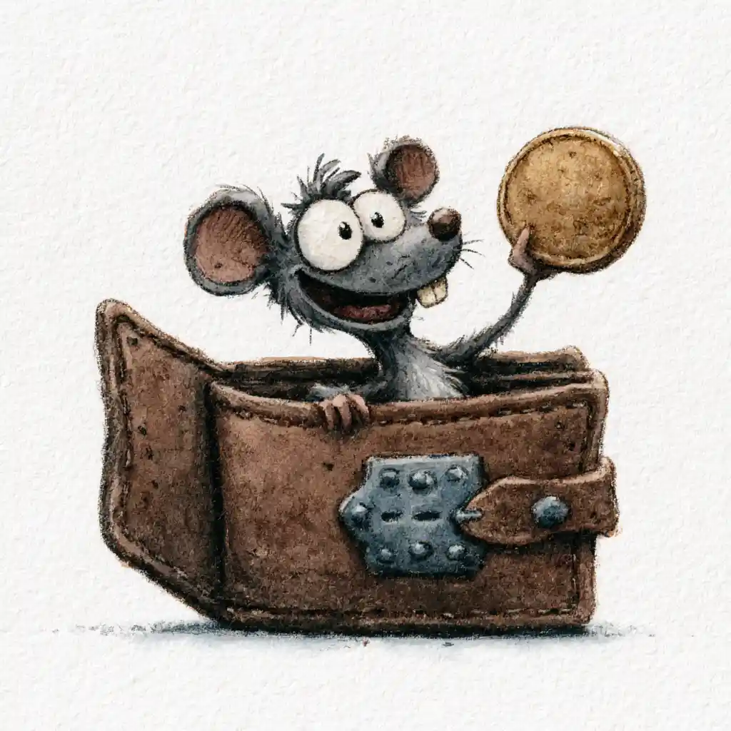 Joyful cartoon mouse in a leather wallet with coin