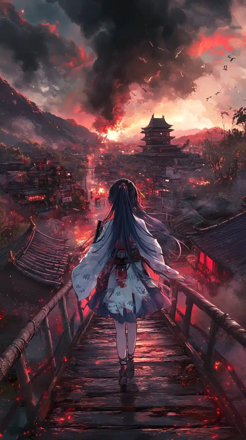 Ragazza anime con fucile che attraversa un ponte di legno in zona di guerra