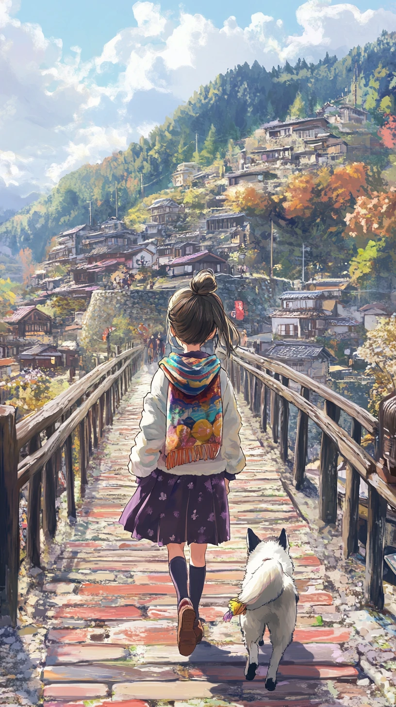 Garota de anime caminhando com um cachorro sobre uma ponte de madeira