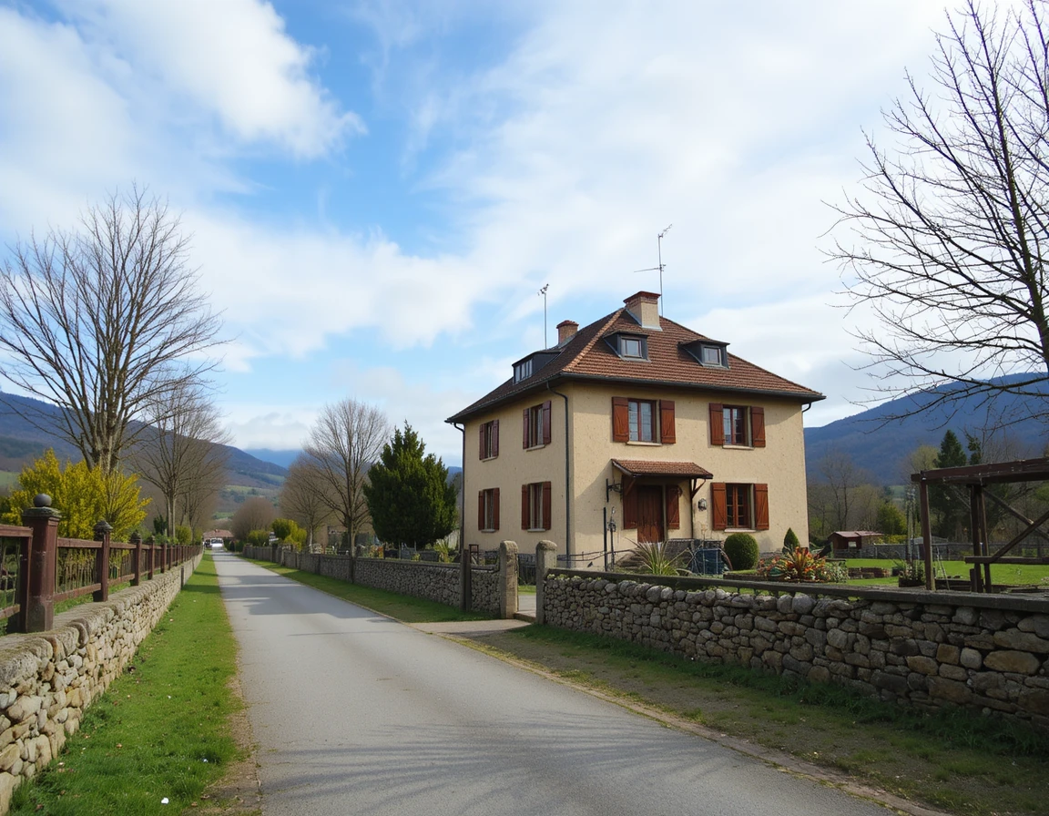 Casa rural de dois andares com carros estacionados e jardim