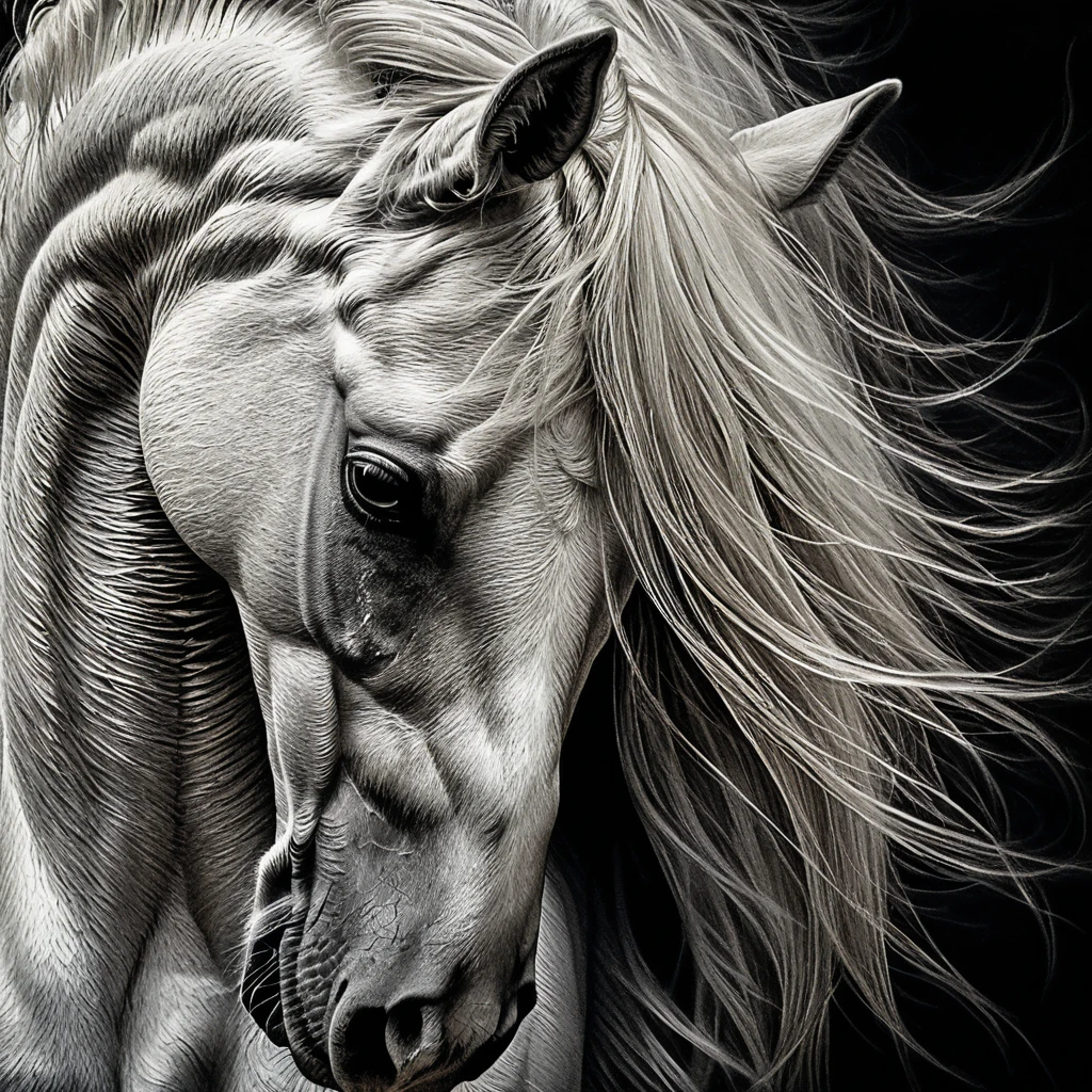 Cavallo arabo bianco in primo piano in un drammatico ritratto scratchboard