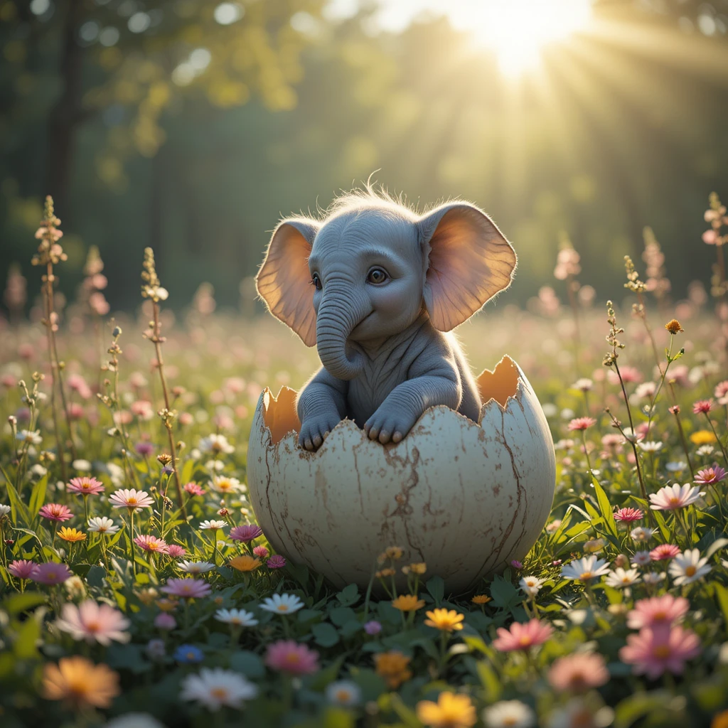 Bébé éléphant éclosant d’un œuf dans une prairie ensoleillée de fantasy
