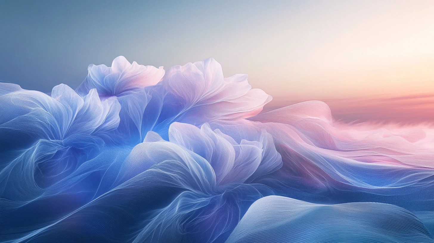 Oceano digital surreal com ondas translúcidas em forma de pétalas