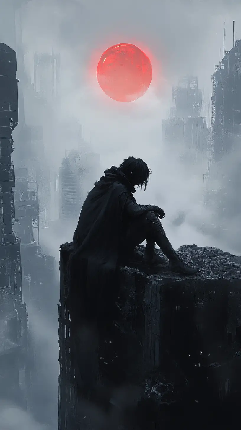 Solitary figure on a ruined rooftop above dystopian city