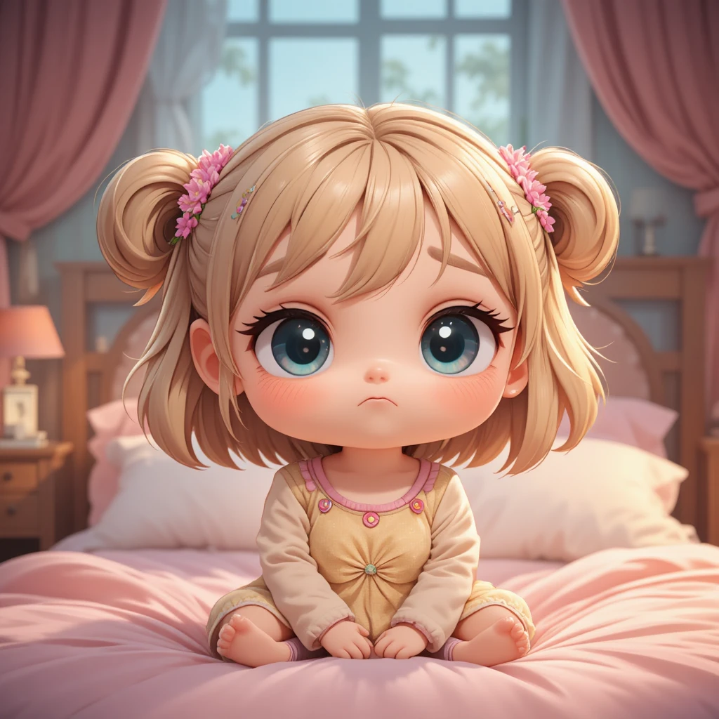 Petite Fillette Chibi Boudeuse dans une Scène de Chambre Douillette