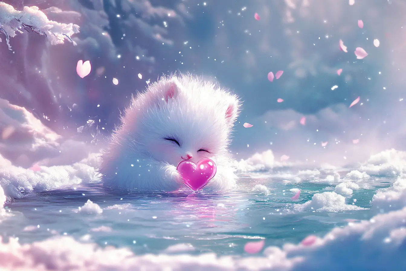 Dolce baby yeti che abbraccia un cuore luminoso in una pozza ghiacciata