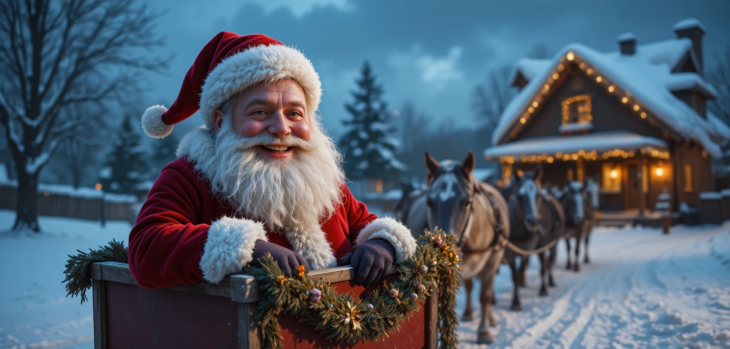Babbo Natale sulla slitta davanti a una accogliente casa di periferia