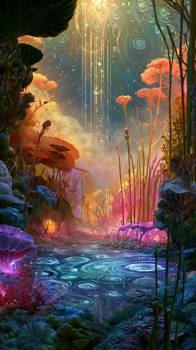 Jardin cosmique surréaliste rempli d’étoiles, d’yeux et de plantes
