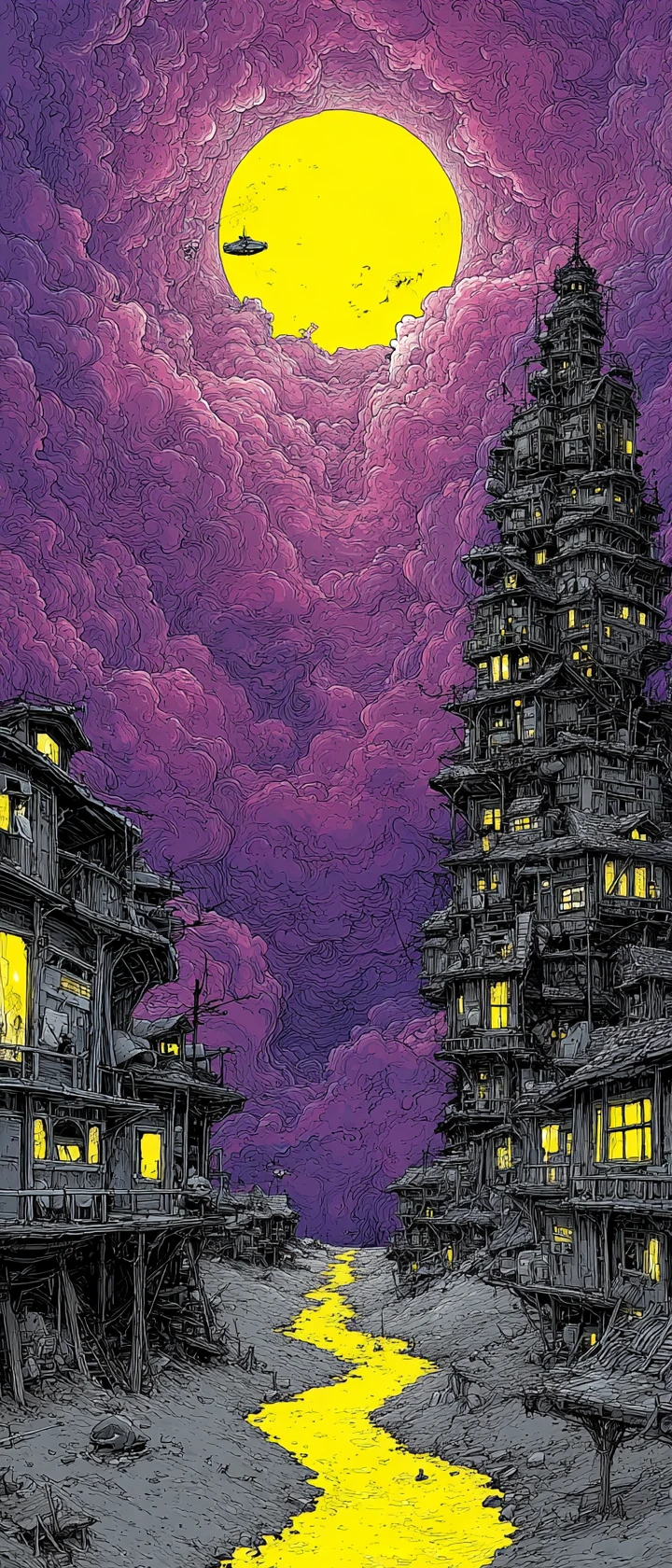 Cidade Celeste Fantástica de Anime Elevando-se em uma Névoa Brilhante