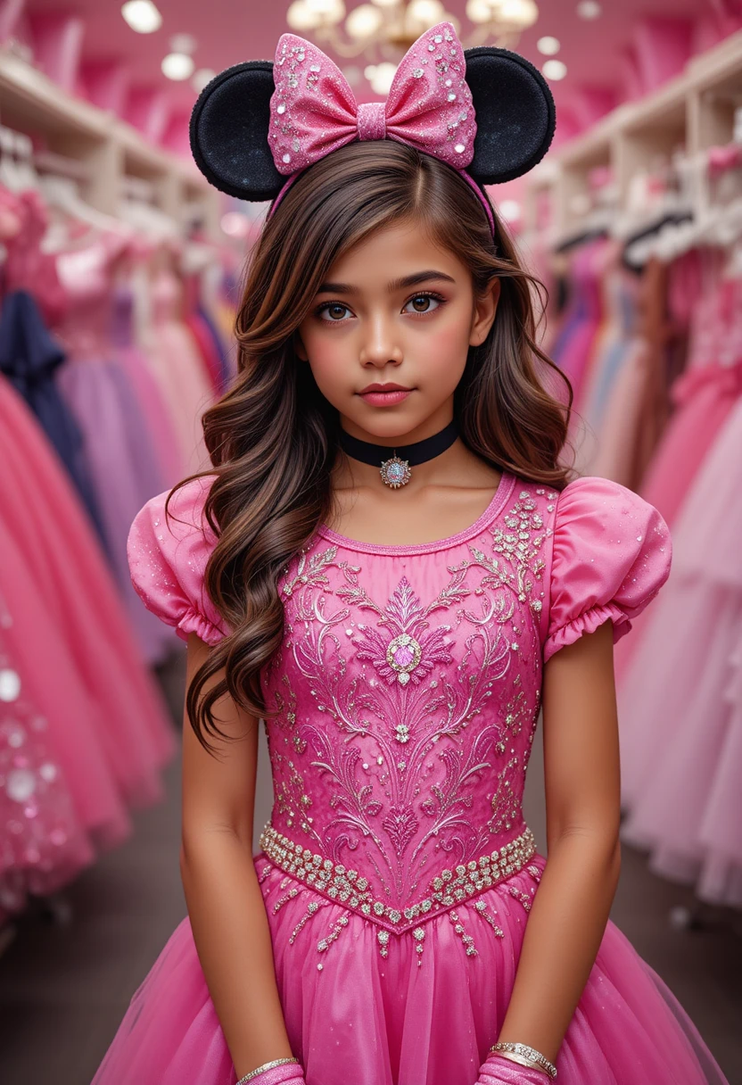 Jovem princesa de vestido rosa dentro de uma loja de roupas