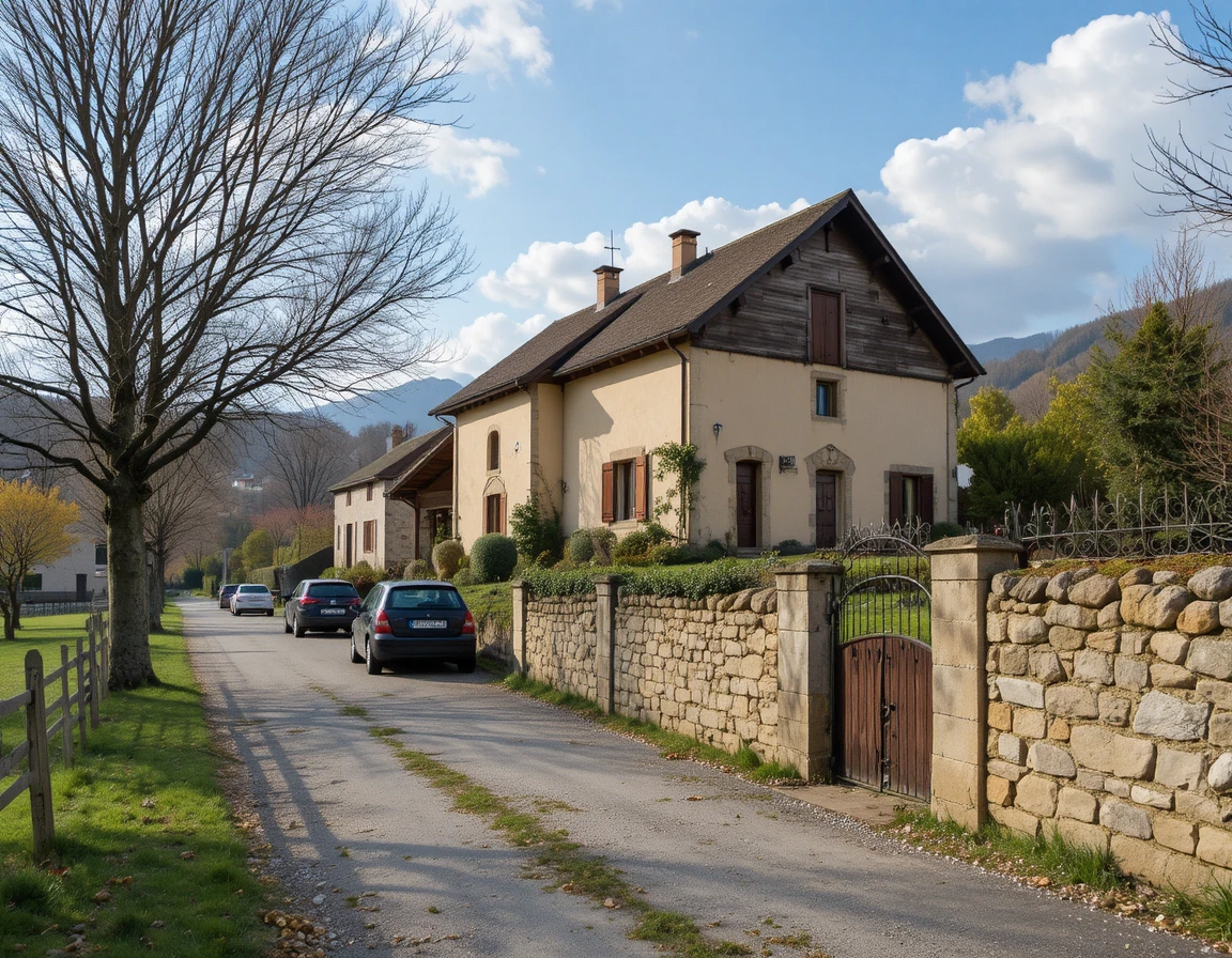 Maison rurale à deux étages avec allée et voitures garées