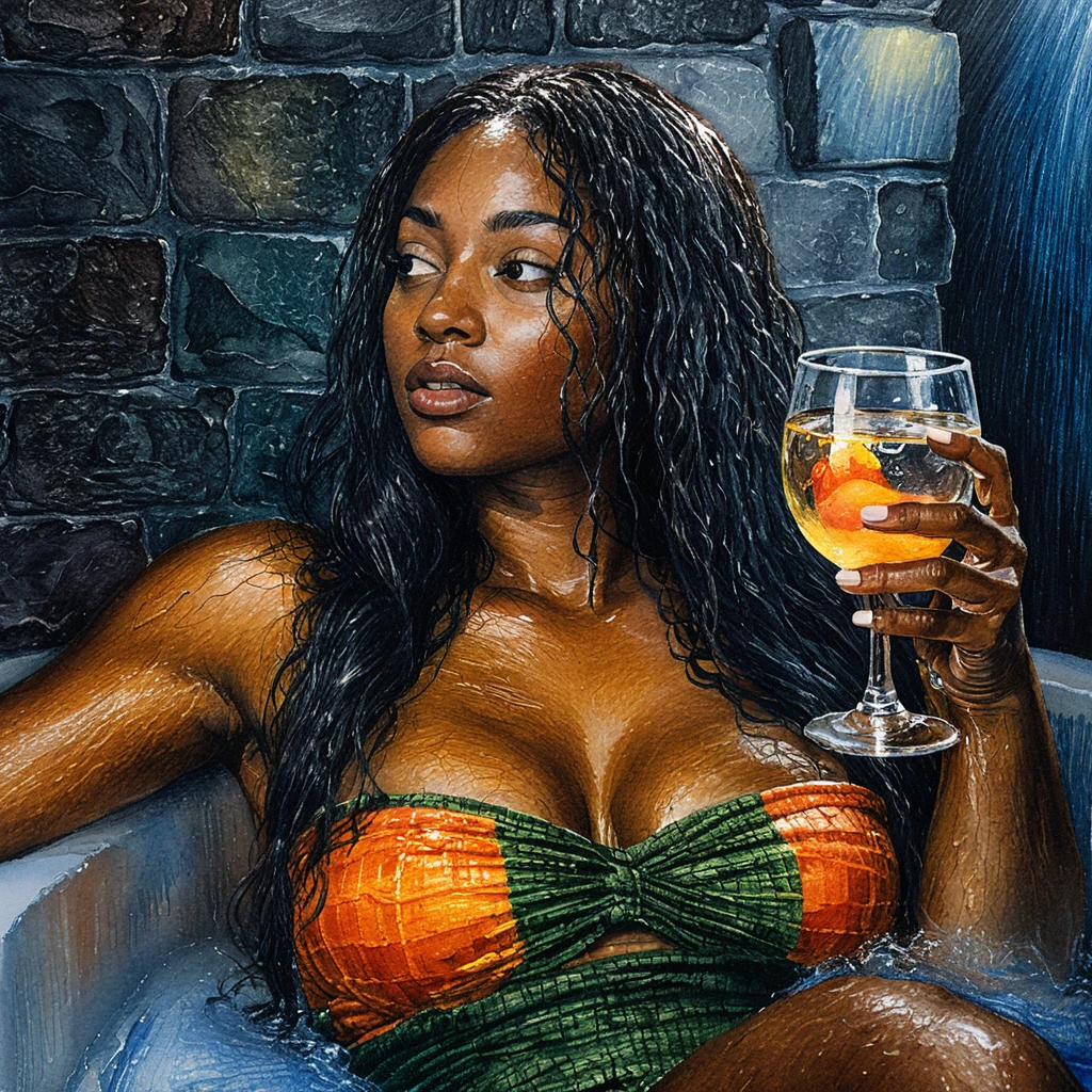 Donna nera che si rilassa in un bagno di schiuma con drink all'arancia