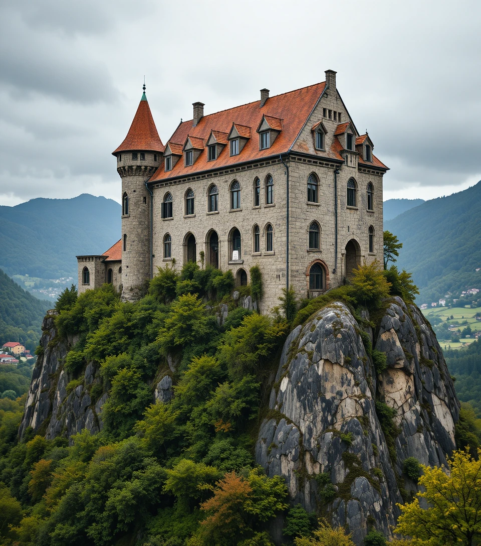 Castelo medieval de pedra em pico rochoso sobre vale verdejante