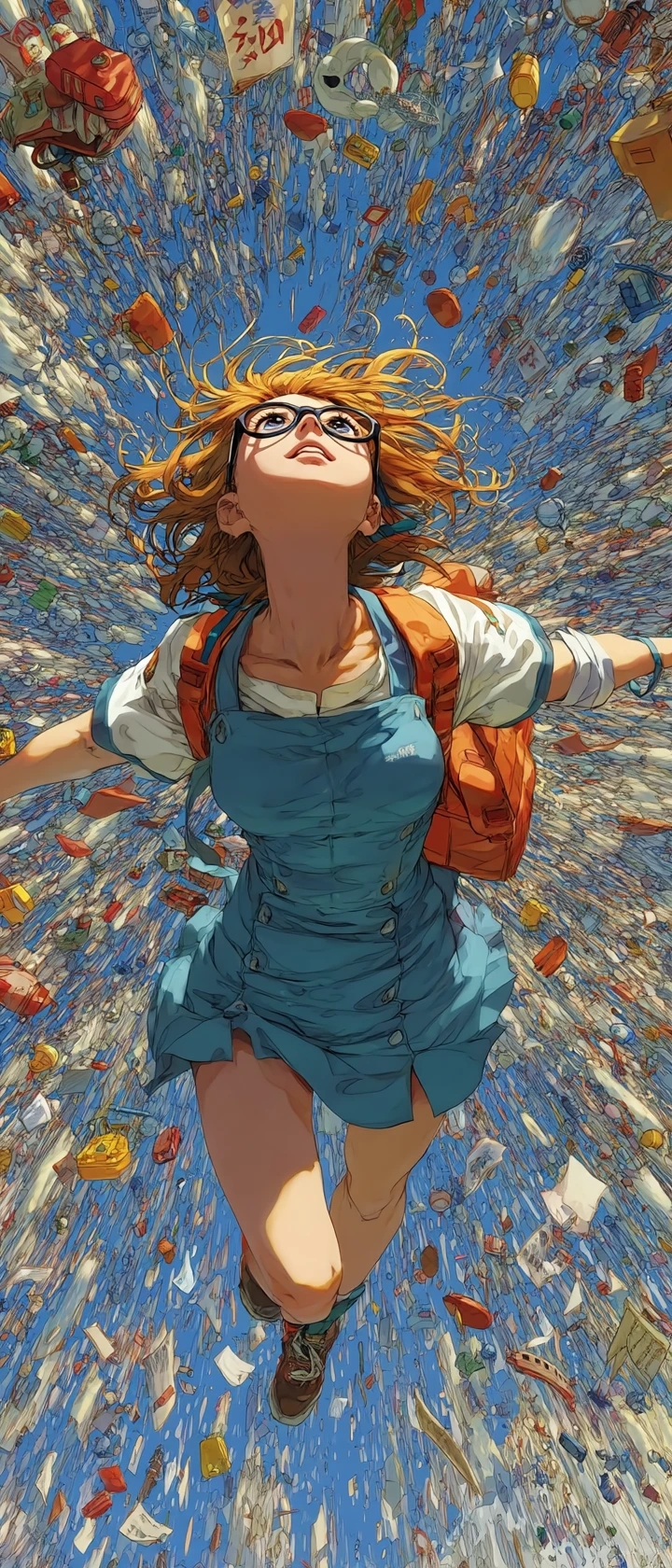 Garota colegial de anime pulando entre objetos coloridos em espiral