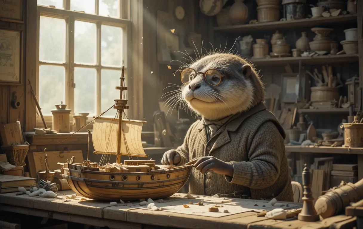 Loutre âgée fabriquant un minuscule bateau en bois dans son atelier
