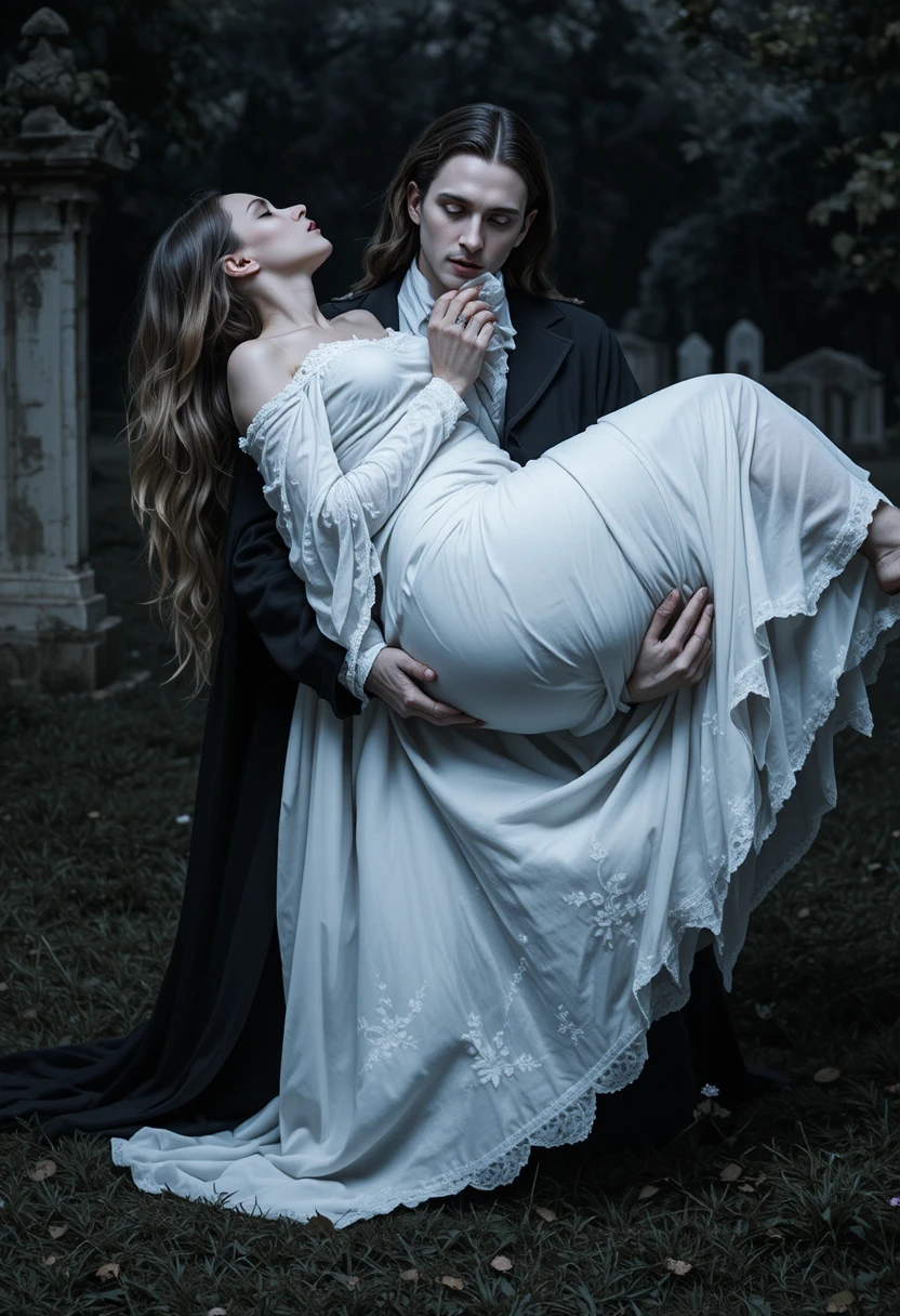 Vampiro Carregando Mulher Adormecida em um Cemitério Noturno
