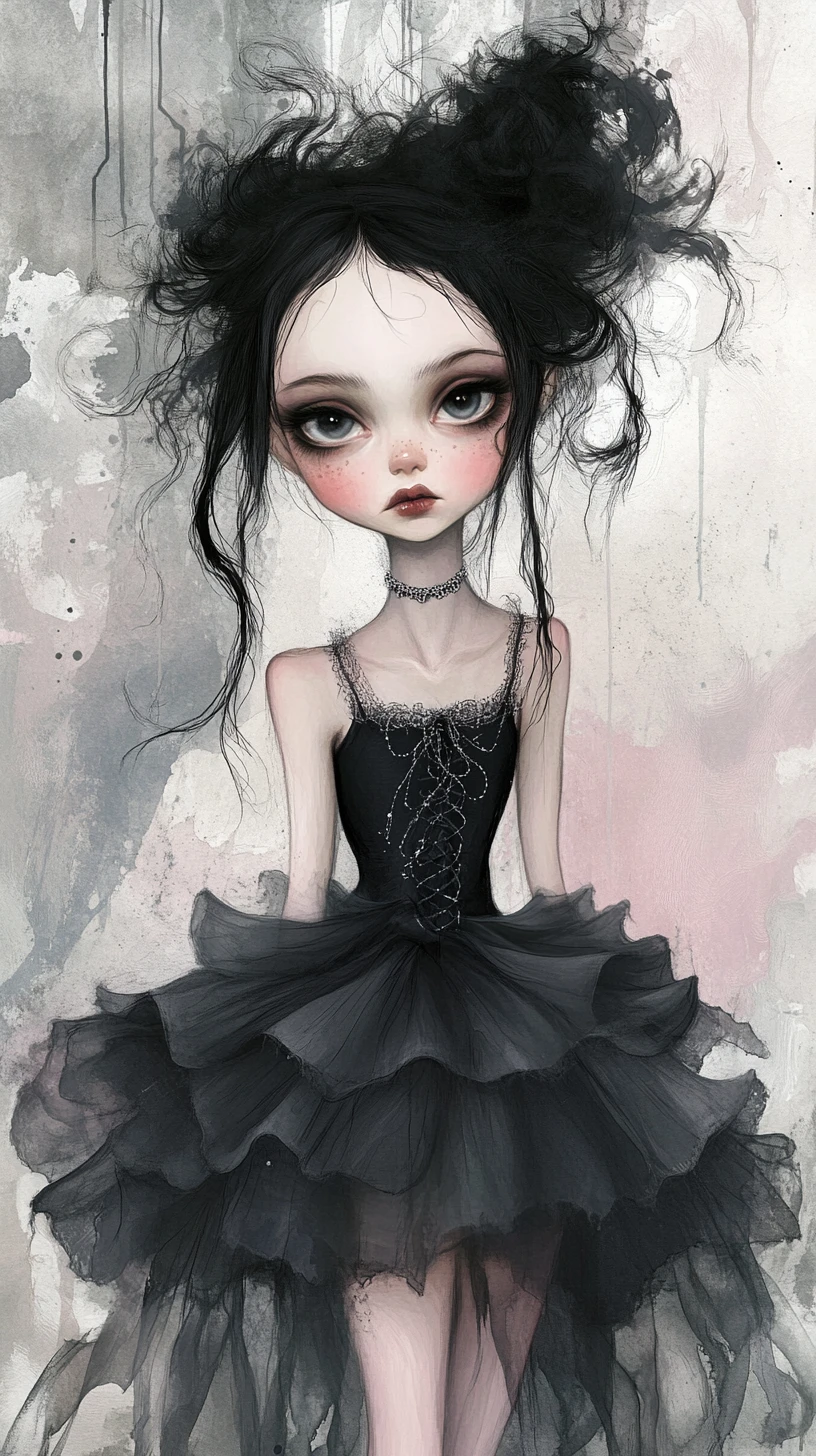 Fille gothique en tulle noir sur fond aquarelle de rêve