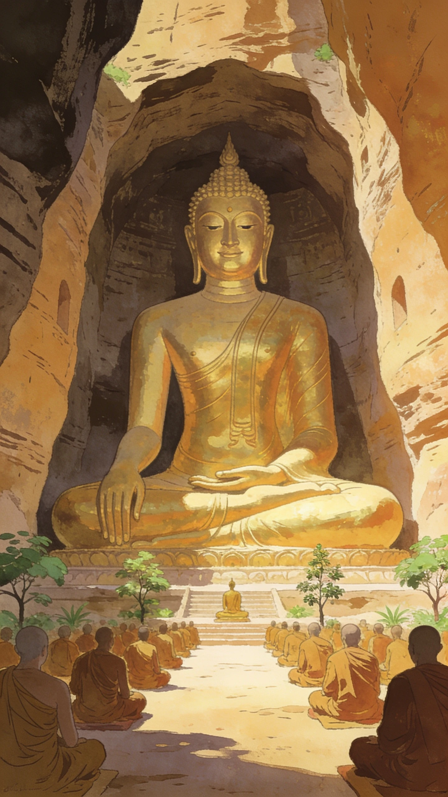 古代洞窟寺院内部の金色の仏像