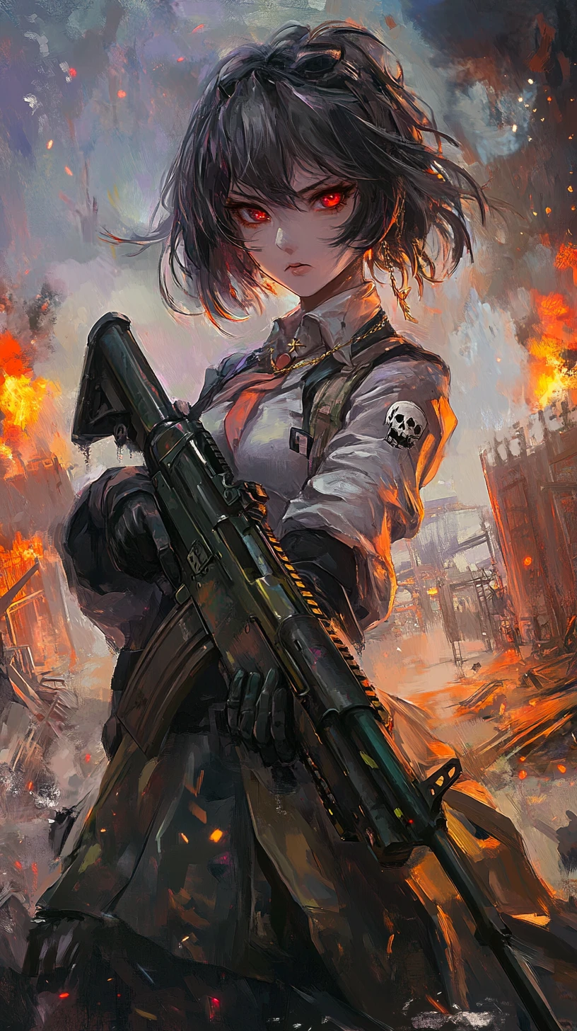 Ragazza anime con fucile in una zona di guerra in rovina