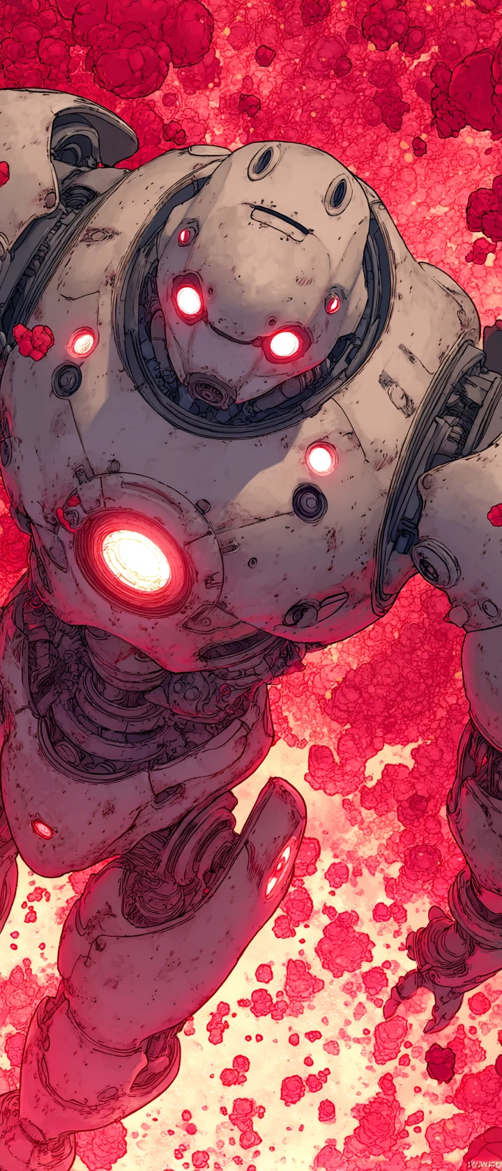 Close-up de um núcleo de mecha brilhante em tons de vermelho e aço