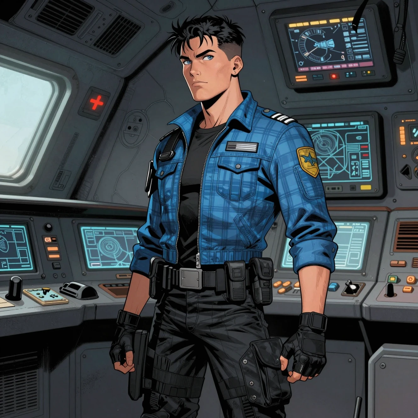 Piloto masculino de jaqueta azul em cockpit escuro de nave espacial