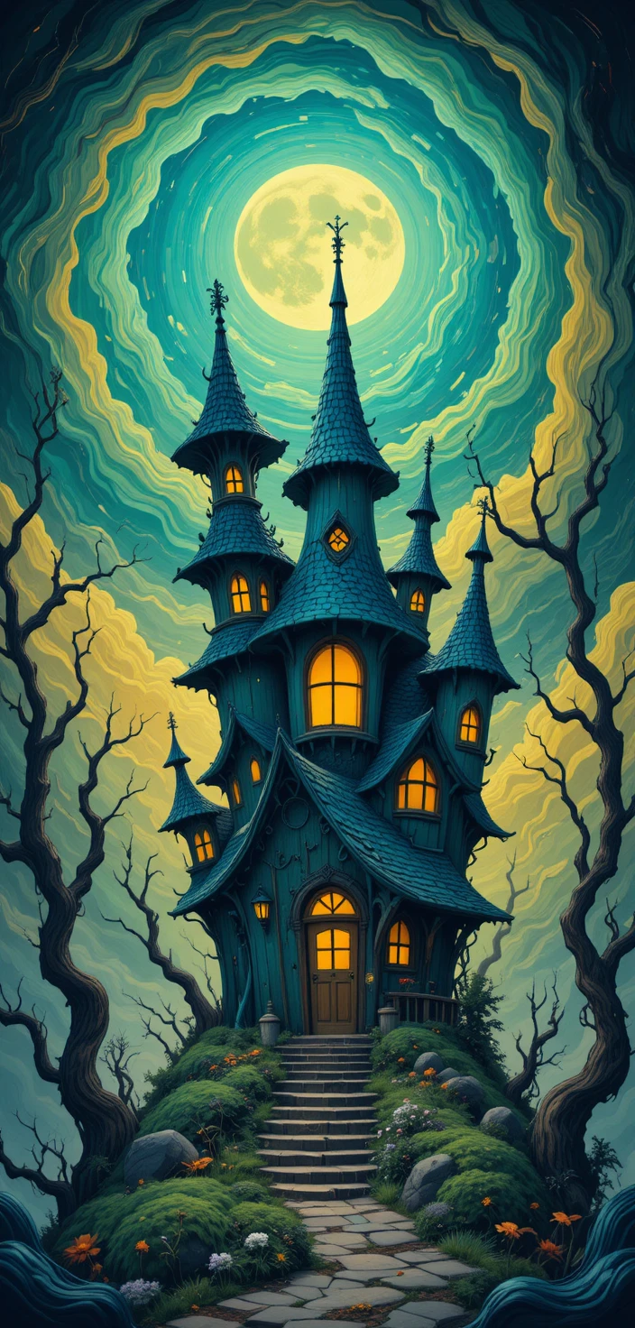 Casa de bruxa fantasiosa sob um céu colorido em redemoinho