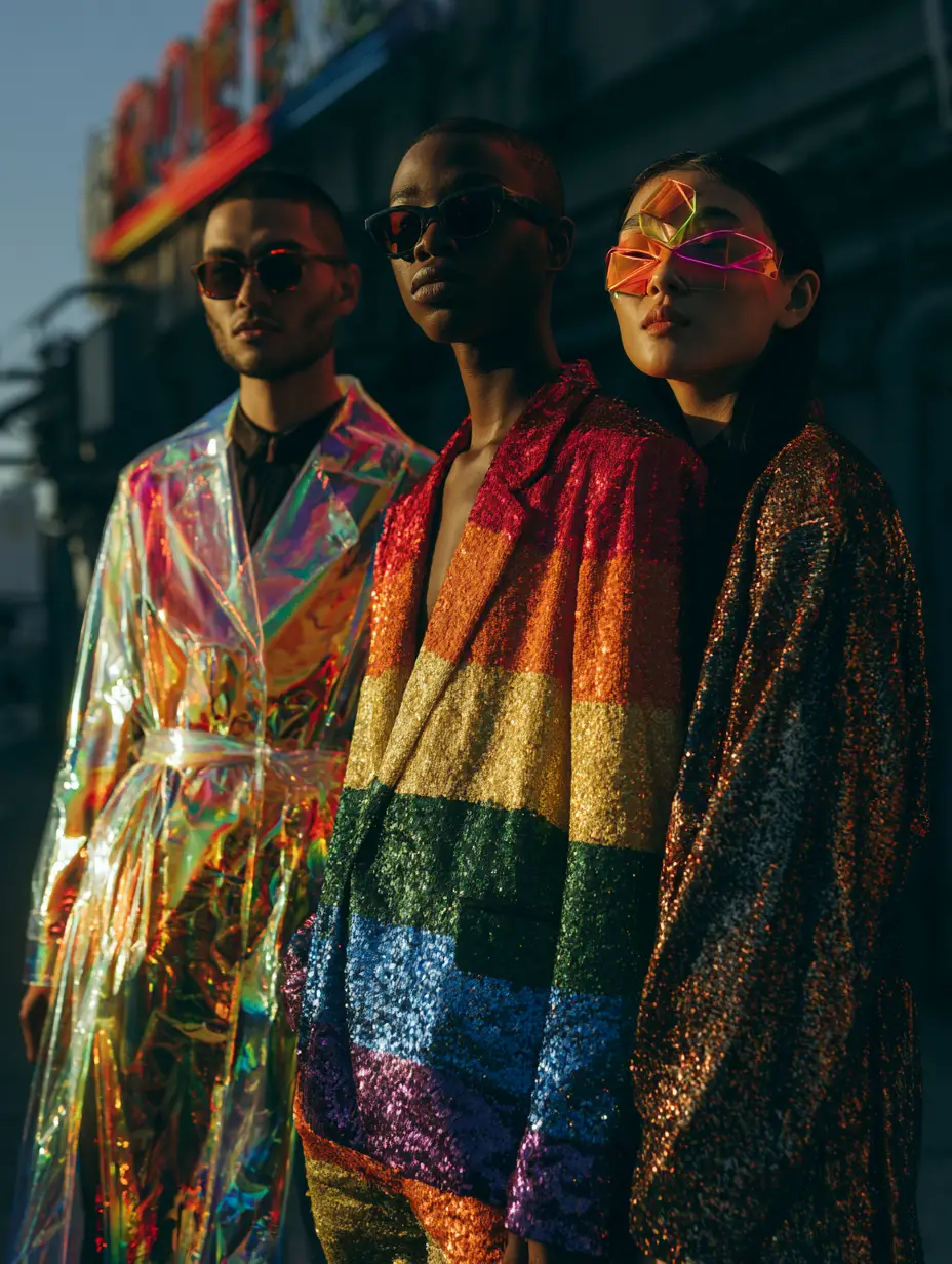 Futuristische Pride-Modelle auf neonbeleuchtetem Großstadt-Dach