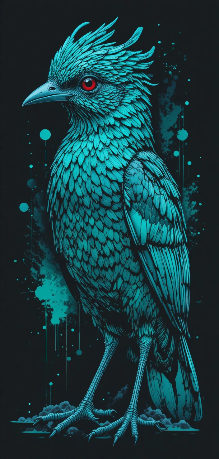 Uccello canoro teal e nero con sfondo geometrico astratto