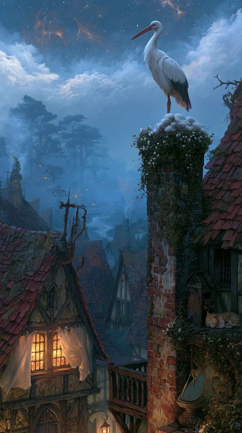 중세 마을 위 둥지를 지키는 백황새