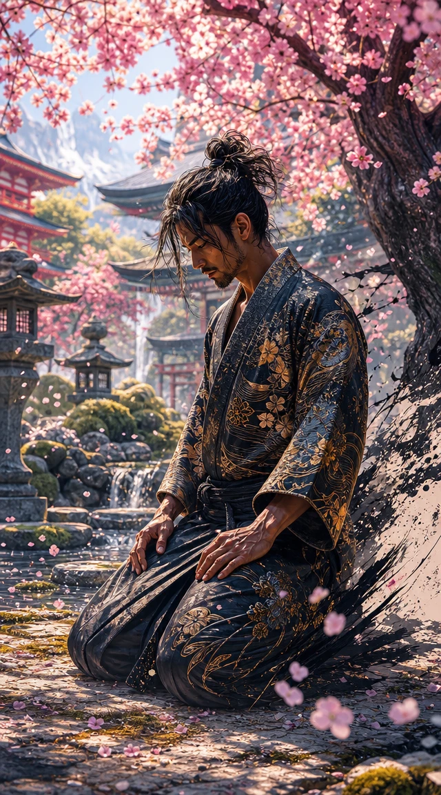 Artista marcial de Aikido arrodillado en un jardín japonés en flor