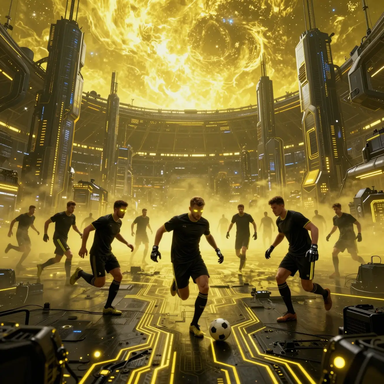 Jogadores de futebol futuristas em um imenso estádio de cidade sci‑fi