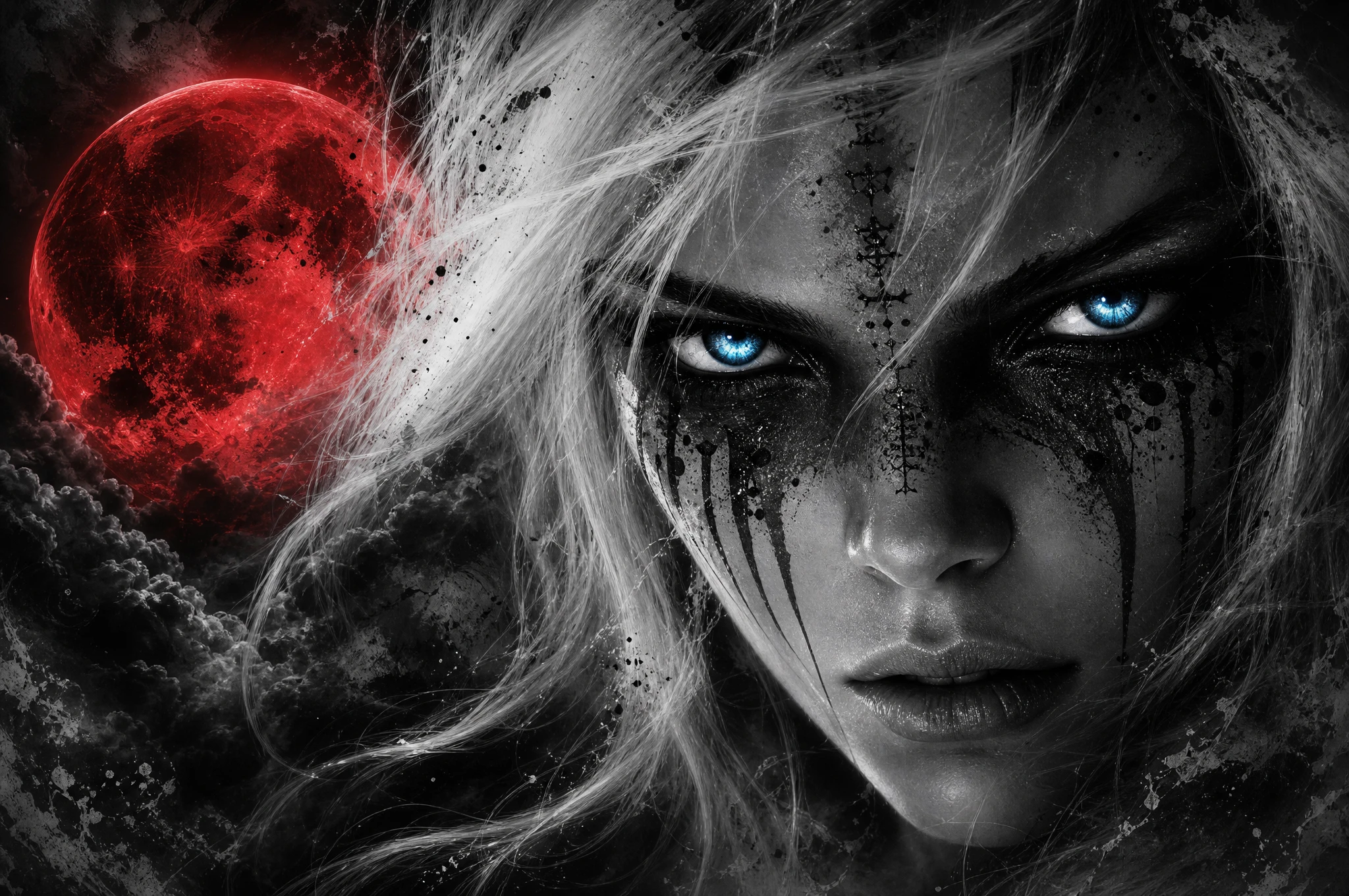 Retrato de mulher fantasmagórica sob uma lua de sangue luminosa