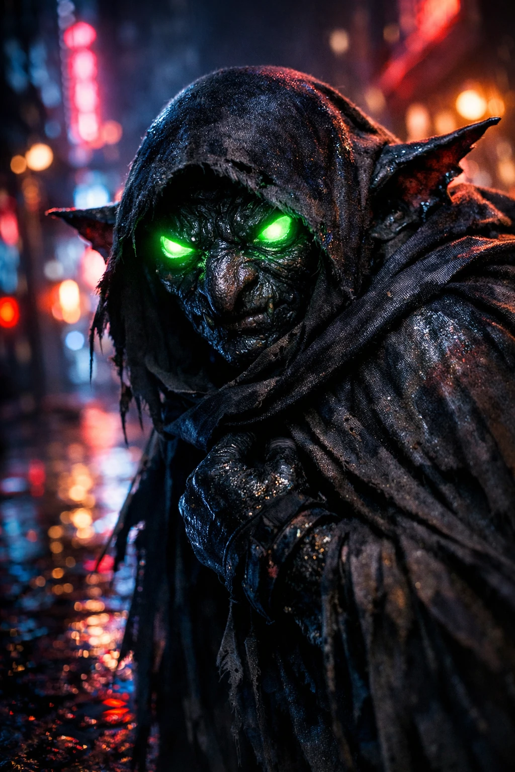 Goblin de néon emergindo das sombras em paisagem urbana
