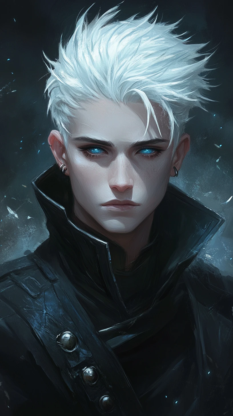 Homme d’anime aux cheveux blancs et aux yeux bleus perçants