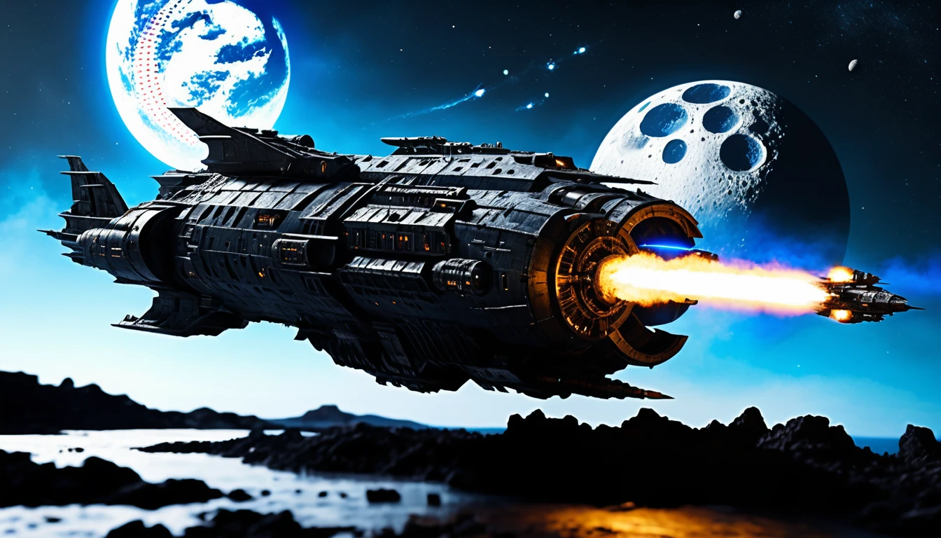 Fragata de guerra futurista orbitando uma lua despedaçada no espaço