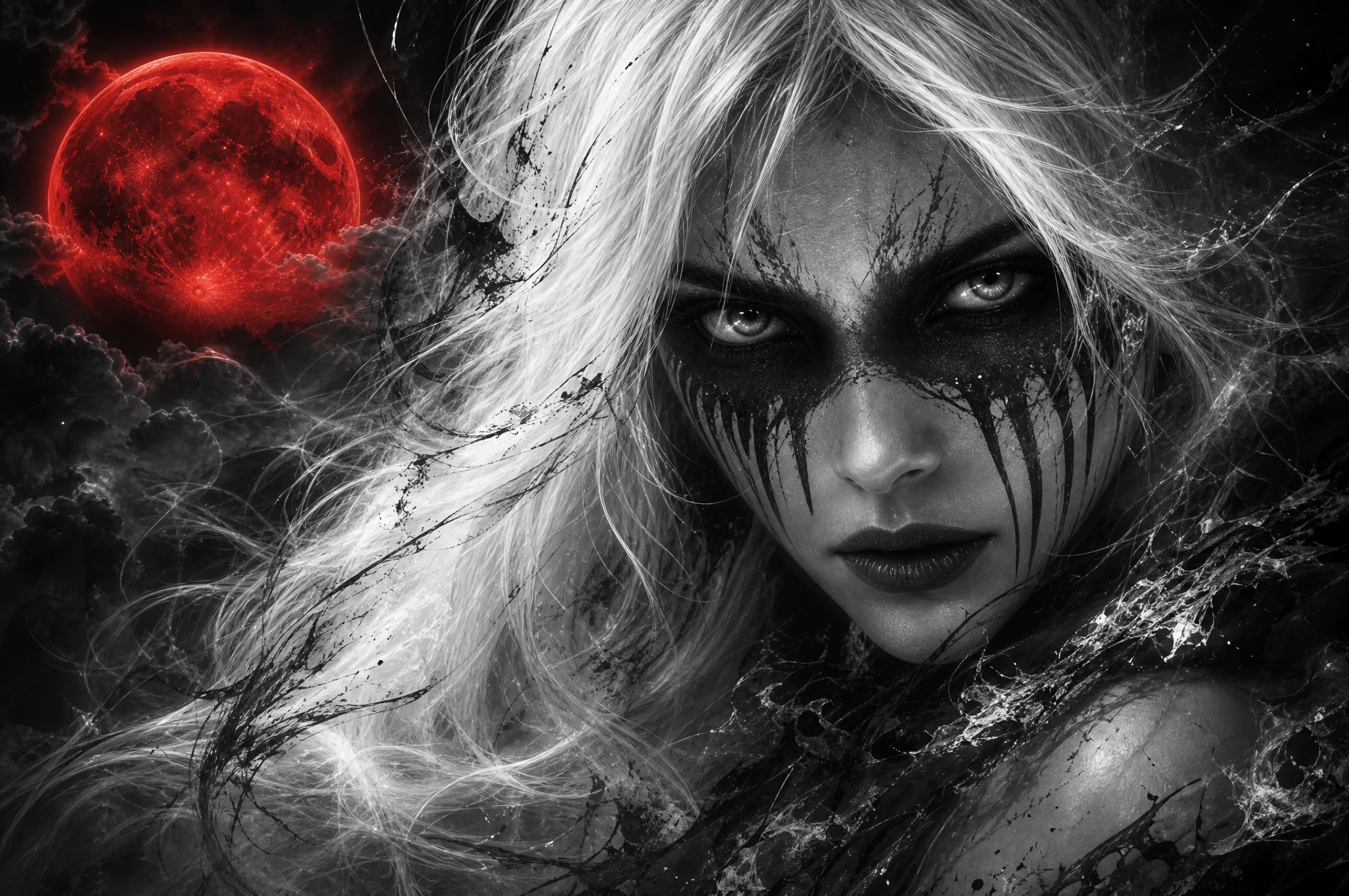 Mulher fantasmagórica sob um luminoso luar de sangue - retrato