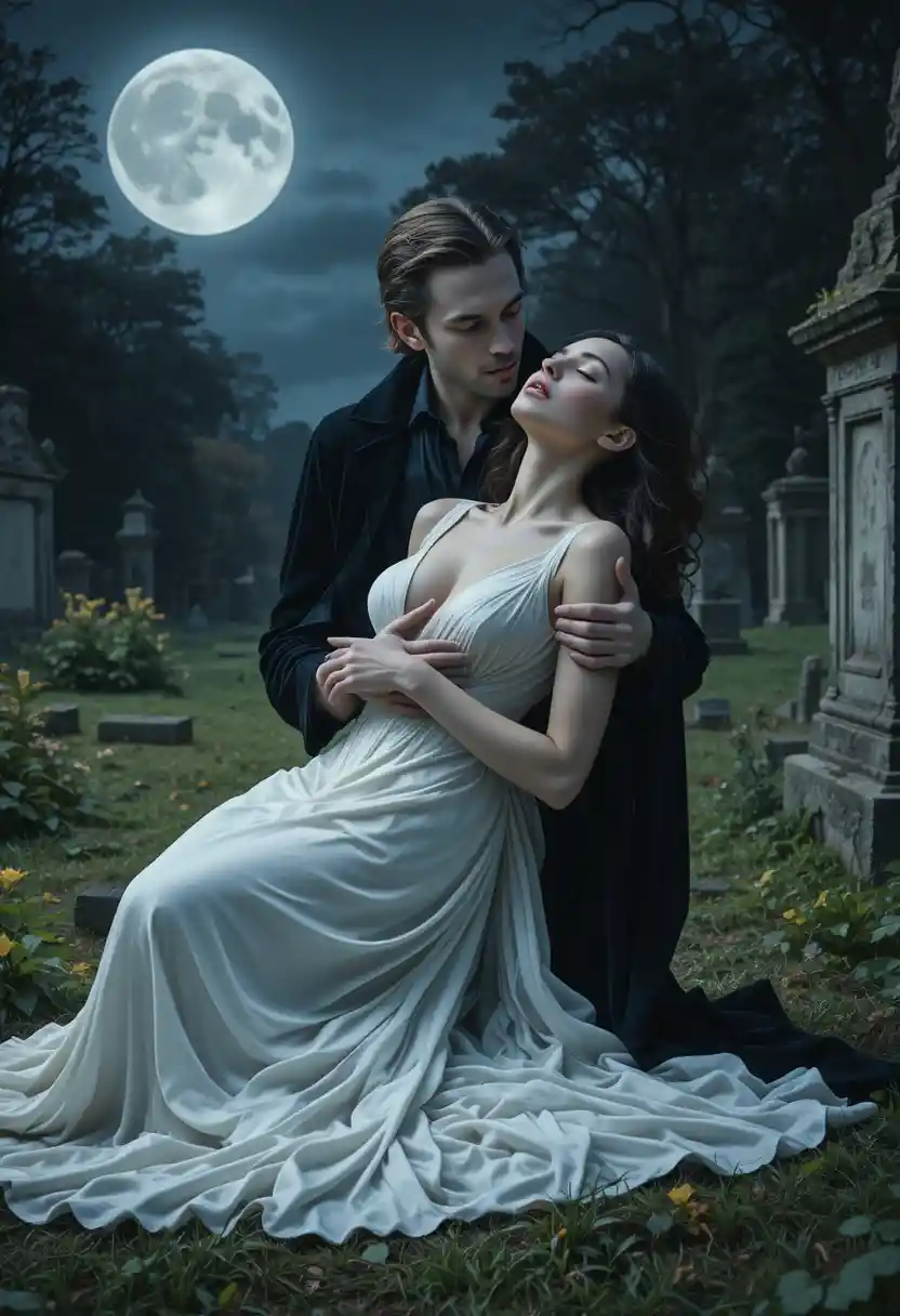 Vampiro che Stringe una Donna Addormentata in un Cimitero al Chiar di Luna