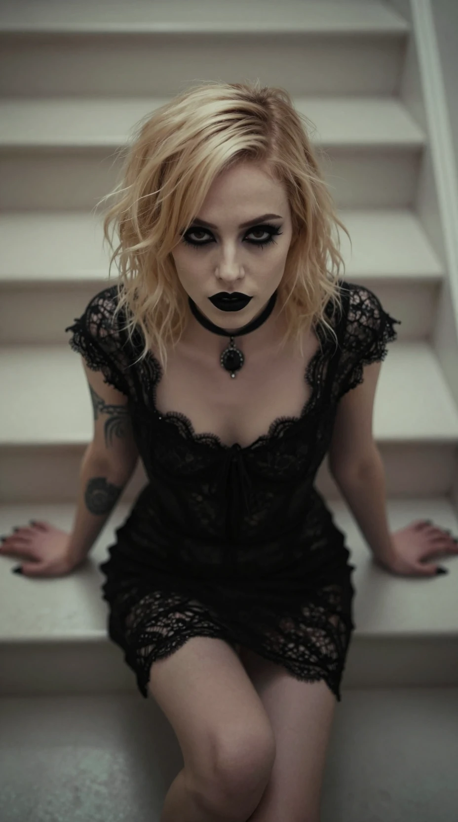 Gothic-Frau im schwarzen Spitzenkleid auf weißen Treppen