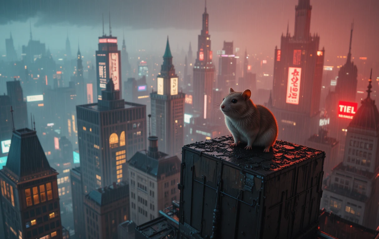 Hamster solitaire sur gratte-ciel dans une ville cyberpunk néon
