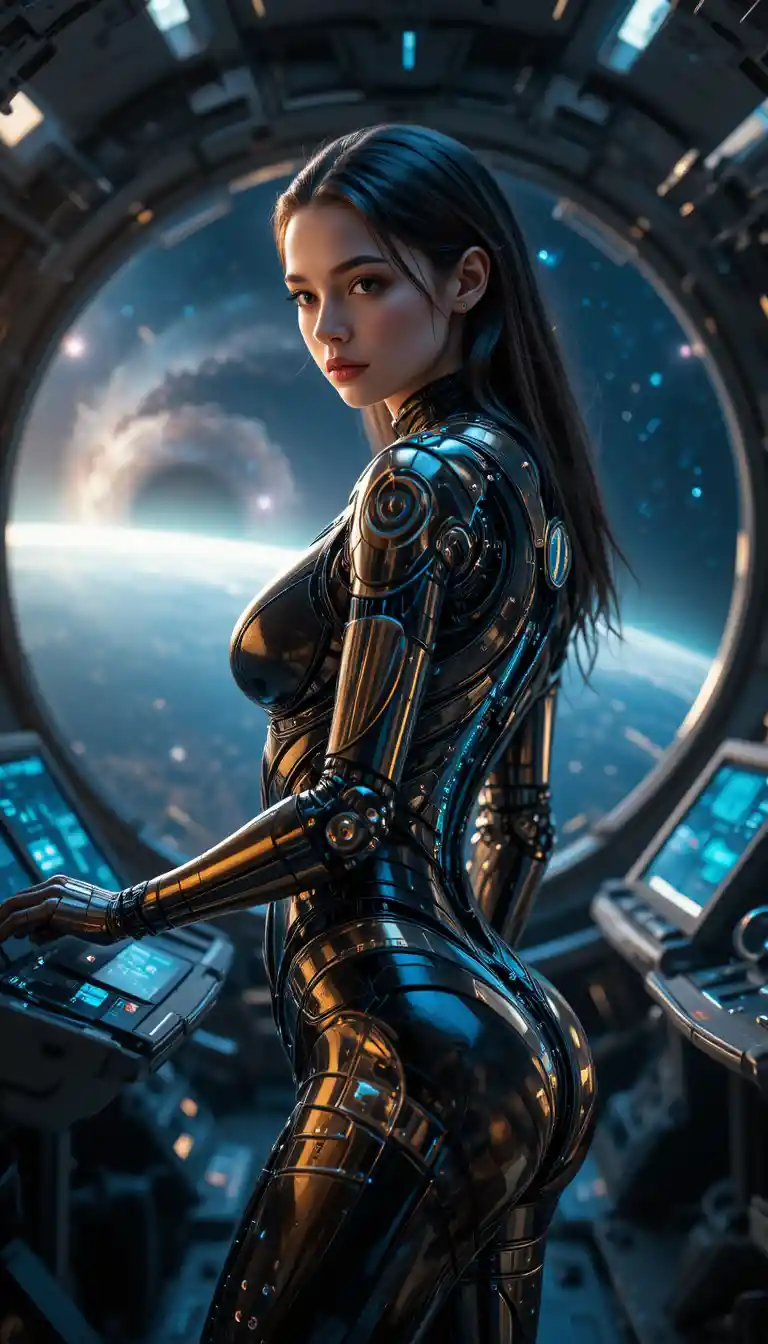 Ciborgue feminina em cockpit de nave espacial com vista galáctica