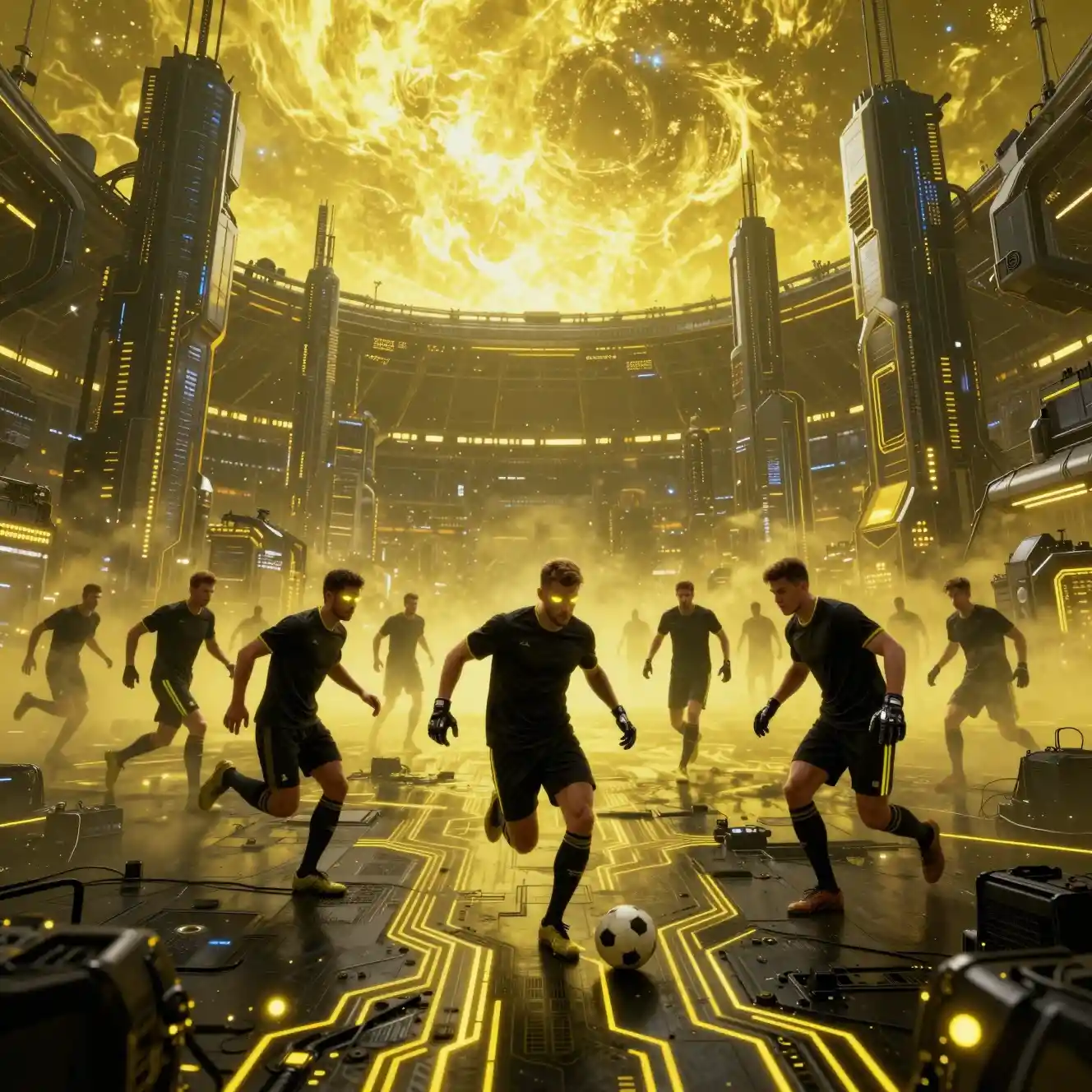 Jogadores de futebol futuristas em um imenso estádio de cidade sci‑fi
