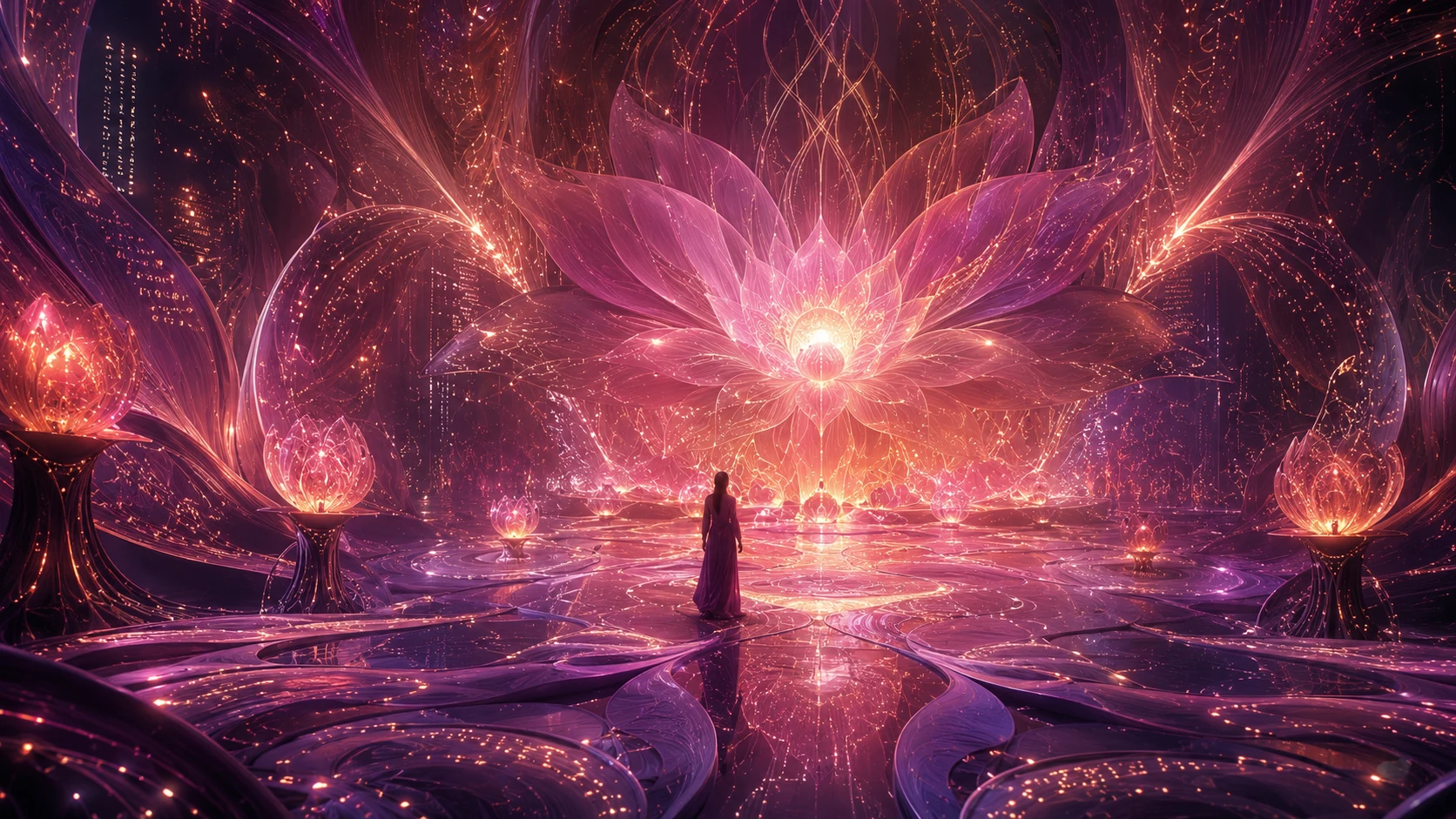 Entorno digital surreal en forma de flor con un núcleo inteligente luminoso
