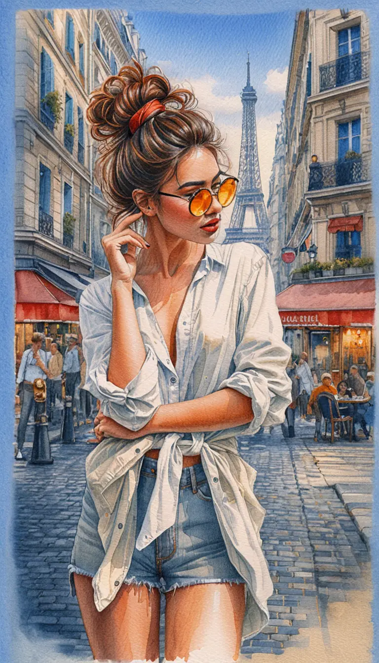 Stylish woman in Paris street colored pencil illustration