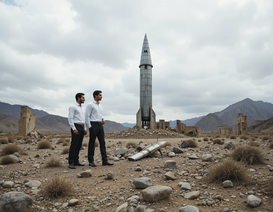 Zwei Männer in einer kargen Wüste mit einer senkrechten Rakete