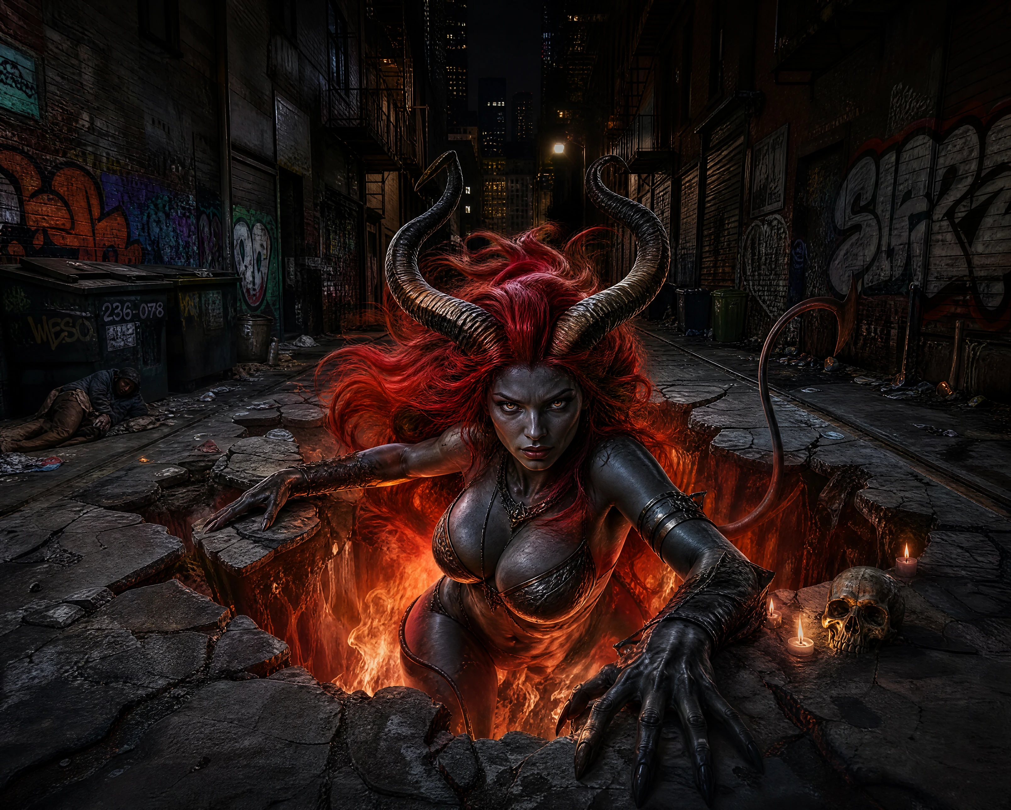 Succubus street art illusion in a dark city alley