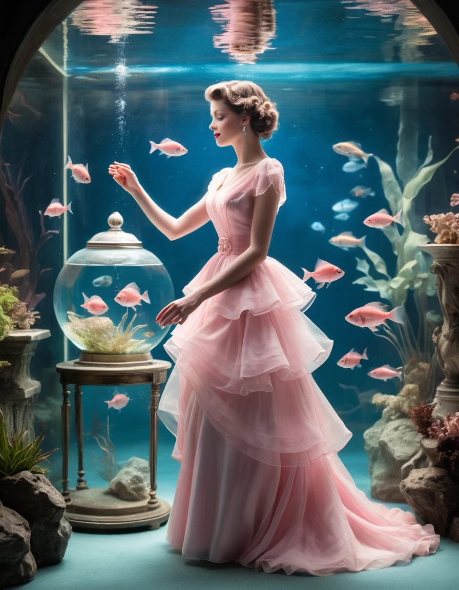 Femme élégante en robe rose à côté d’un aquarium bleu vintage