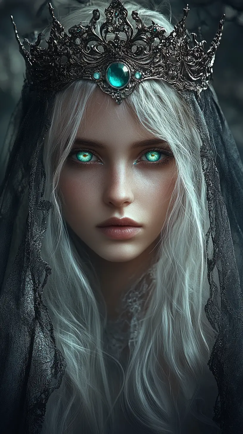 Ethereal crowned woman in veiled forest close up portrait