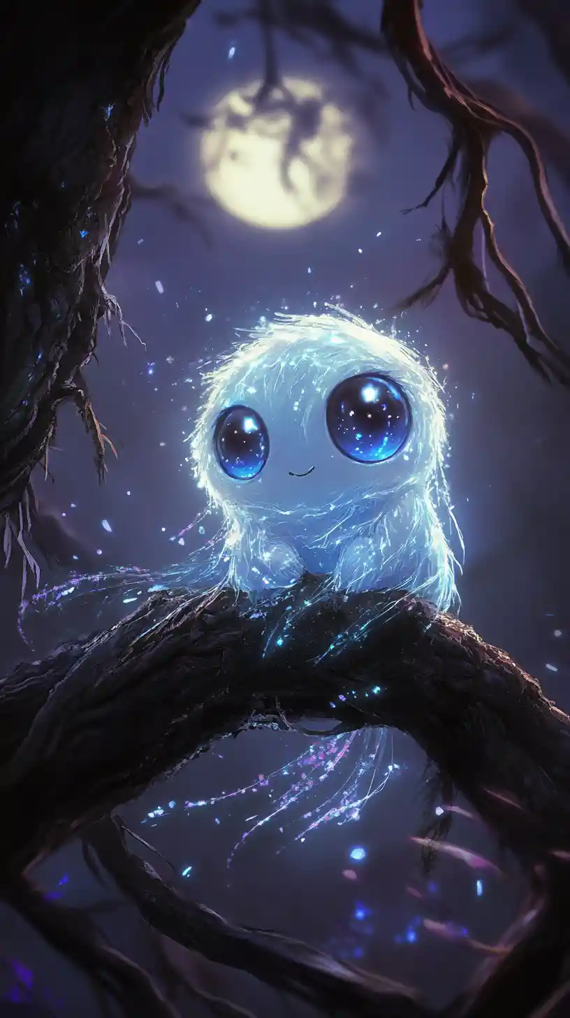 Esprit Chibi Lumineux sur une Branche dans une Forêt Enchantée