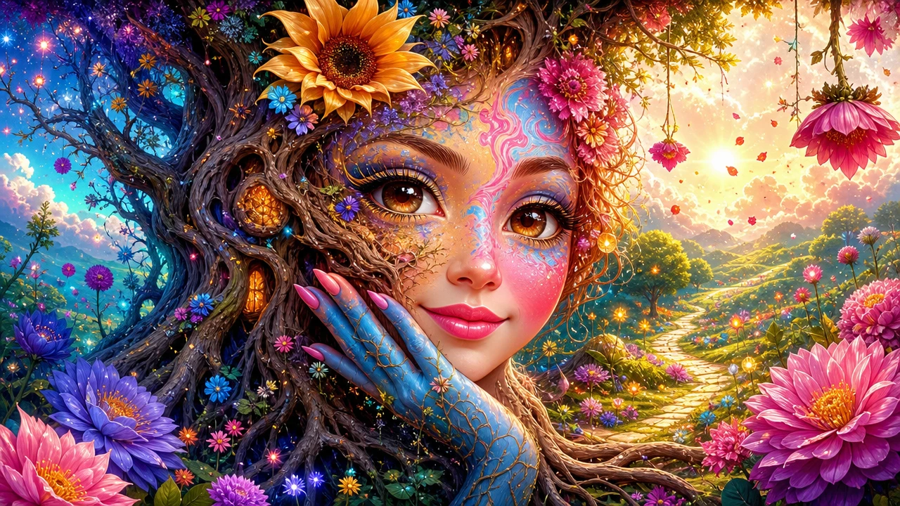 Donna kawaii surreale che si fonde con un albero antico