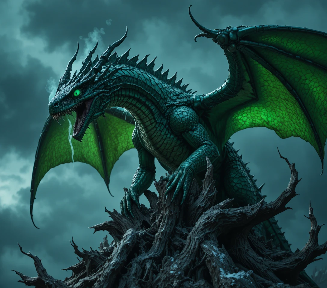 Antiguo dragón verde rugiendo sobre un bosque nevado destrozado